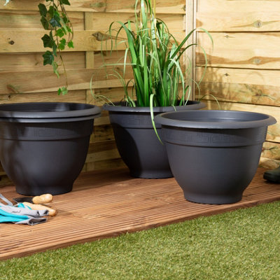 Wham 4x Bell Pot 44cm Plastic Planter Slate, Medium Round Garden Floor Plant Pot (44cm, Pack 4)