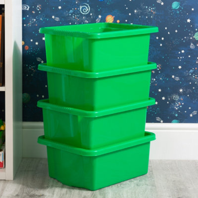 Wham 4x Stack & Store 16L Green Plastic Storage Boxes. Home, Office, Classroom, Playroom, Toys, Books. L42 x W32 x H17cm