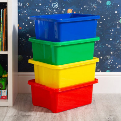 Wham 4x Stack & Store 16L Mixed Colour Plastic Storage Boxes. Home, Office, Classroom, Playroom, Toys, Books. L42 x W32 x H17cm