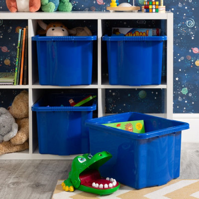 Wham 4x Stack & Store 24L Blue Plastic Storage Boxes. Home, Office, Classroom, Playroom, Toys, Books. L42 x W32 x H25cm