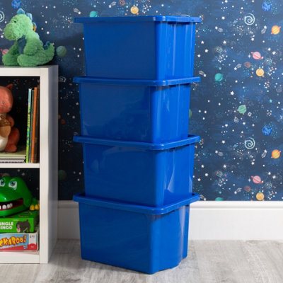 Wham 4x Stack & Store 24L Blue Plastic Storage Boxes. Home, Office, Classroom, Playroom, Toys, Books. L42 x W32 x H25cm