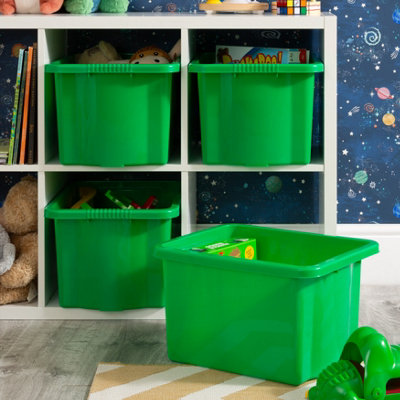 Wham 4x Stack & Store 24L Green Plastic Storage Boxes. Home, Office, Classroom, Playroom, Toys, Books. L42 x W32 x H25cm