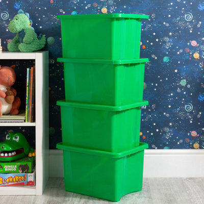 Wham 4x Stack & Store 24L Green Plastic Storage Boxes. Home, Office, Classroom, Playroom, Toys, Books. L42 x W32 x H25cm