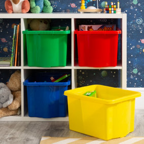 Wham 4x Stack & Store 24L Mixed Colour Plastic Storage Boxes. Home, Office, Classroom, Playroom, Toys, Books. L42 x W32 x H25cm