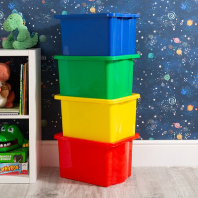 Wham 4x Stack & Store 24L Mixed Colour Plastic Storage Boxes. Home, Office, Classroom, Playroom, Toys, Books. L42 x W32 x H25cm