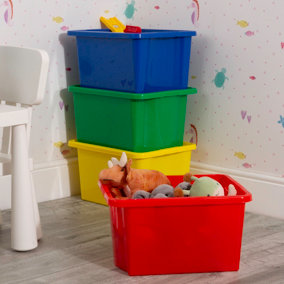 Wham 4x Stack & Store 30L Mixed Colour Plastic Storage Boxes. Home, Office, Classroom, Playroom, Toys, Books. L45.5 x W35 x H25cm