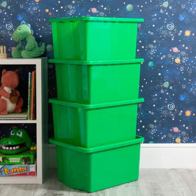 Wham 4x Stack & Store 35L Green Plastic Storage Boxes. Home, Office, Classroom, Playroom, Toys, Books. L48 x W38 x H26cm