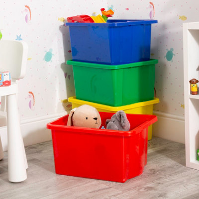 Wham 4x Stack & Store 35L Mixed Colour Plastic Storage Boxes. Home, Office, Classroom, Playroom, Toys, Books. L48 x W38 x H26cm