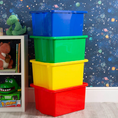 Wham 4x Stack & Store 35L Mixed Colour Plastic Storage Boxes. Home, Office, Classroom, Playroom, Toys, Books. L48 x W38 x H26cm