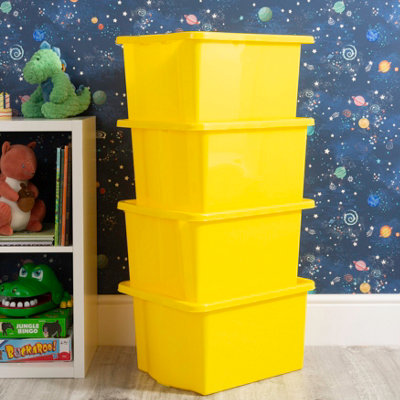 Wham 4x Stack & Store 35L Yellow Plastic Storage Boxes. Home, Office, Classroom, Playroom, Toys, Books. L48 x W38 x H26cm