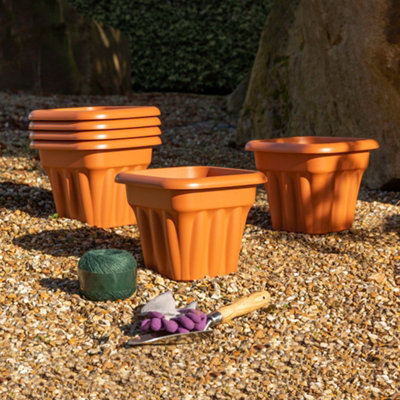 Wham 6x Vista Terracotta Plastic Planter, Square Garden Plant Pot, Extra Small Floor Pot (25cm