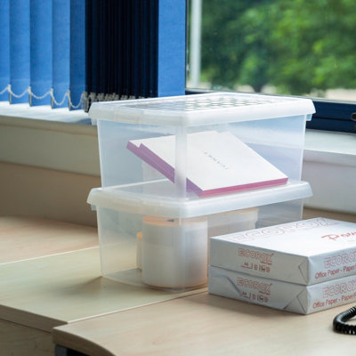 Wham Clip 2x 10.5L Rectangular Plastic Storage Boxes with Secure Clip Lock Lids. L:39 x W:24 x H:15.5cm Clear/Clear/Clear