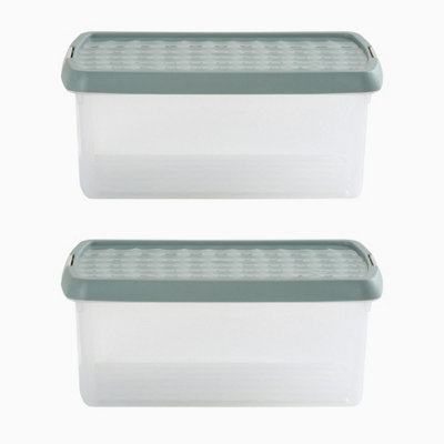 Wham Clip 2x 10.5L Rectangular Plastic Storage Boxes with Secure Clip Lock Lids. L:39 x W:24 x H:15.5cm Clear/Green Milieu/Stone