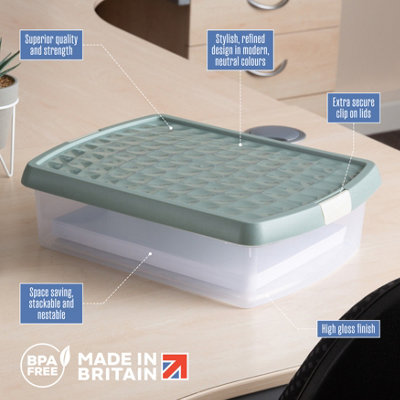 Wham Clip 2x 10.5L Rectangular Plastic Storage Boxes with Secure Clip Lock Lids. L:39 x W:24 x H:15.5cm Clear/Green Milieu/Stone