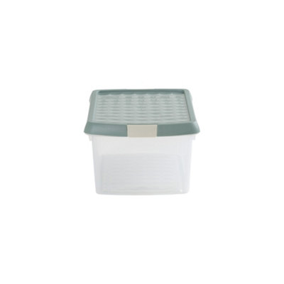 Wham Clip 2x 10.5L Rectangular Plastic Storage Boxes with Secure Clip Lock Lids. L:39 x W:24 x H:15.5cm Clear/Green Milieu/Stone