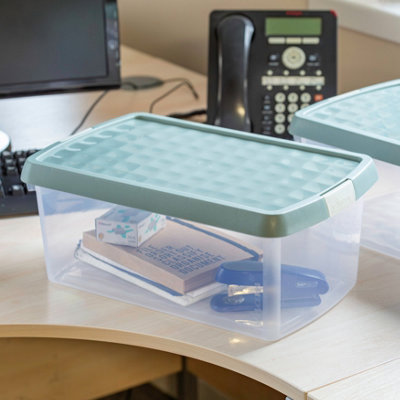 Wham Clip 2x 10.5L Rectangular Plastic Storage Boxes with Secure Clip Lock Lids. L:39 x W:24 x H:15.5cm Clear/Green Milieu/Stone - 5