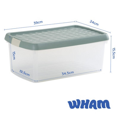 Wham Clip 2x 10.5L Rectangular Plastic Storage Boxes with Secure Clip Lock Lids. L:39 x W:24 x H:15.5cm Clear/Green Milieu/Stone - 6