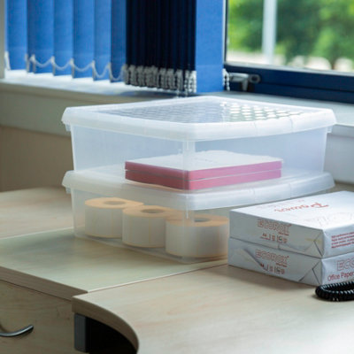 Wham Clip 2x 13.2L Square Plastic Storage Boxes with Secure Clip Lock Lids. L:39.5 x W:39.5 x H:12cm Clear/Clear/Clear