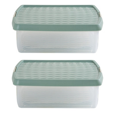 Wham Clip 2x 13.2L Square Plastic Storage Boxes with Secure Clip Lock Lids. L:39.5 x W:39.5 x H:12cm Clear/Green Milieu/Stone