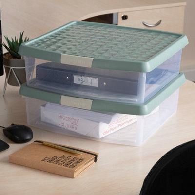 Wham Clip 2x 13.2L Square Plastic Storage Boxes with Secure Clip Lock Lids. L:39.5 x W:39.5 x H:12cm Clear/Green Milieu/Stone