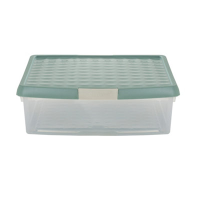 Wham Clip 2x 13.2L Square Plastic Storage Boxes with Secure Clip Lock Lids. L:39.5 x W:39.5 x H:12cm Clear/Green Milieu/Stone - 4