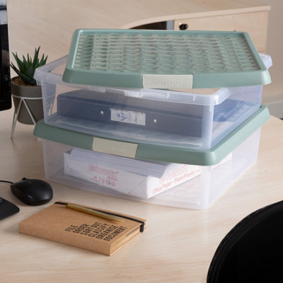 Wham Clip 2x 13.2L Square Plastic Storage Boxes with Secure Clip Lock Lids. L:39.5 x W:39.5 x H:12cm Clear/Green Milieu/Stone - 5