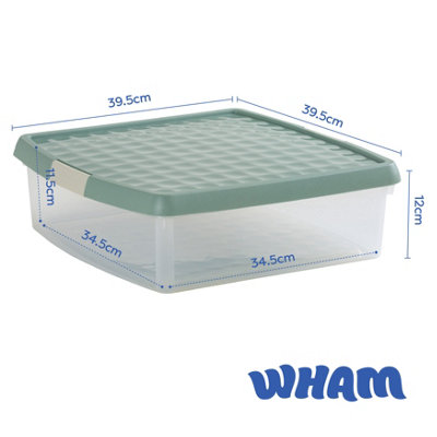 Wham Clip 2x 13.2L Square Plastic Storage Boxes with Secure Clip Lock Lids. L:39.5 x W:39.5 x H:12cm Clear/Green Milieu/Stone - 6