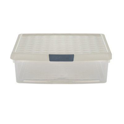 Wham Clip 2x 13.2L Square Plastic Storage Boxes with Secure Clip Lock Lids. L:39.5 x W:39.5 x H:12cm Clear/Stone/Slate Grey