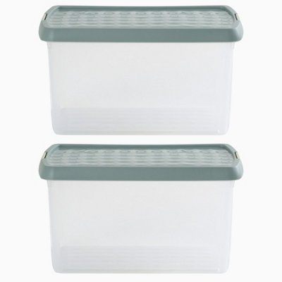 Wham Clip 2x 14L Rectangular Plastic Storage Boxes with Secure Clip Lock Lids. L:39 x W:24 x H:21cm Clear/Green Milieu/Stone