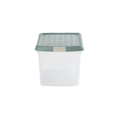 Wham Clip 2x 14L Rectangular Plastic Storage Boxes with Secure Clip Lock Lids. L:39 x W:24 x H:21cm Clear/Green Milieu/Stone