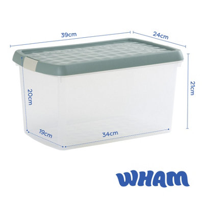 Wham Clip 2x 14L Rectangular Plastic Storage Boxes with Secure Clip Lock Lids. L:39 x W:24 x H:21cm Clear/Green Milieu/Stone - 6