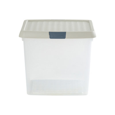 Wham Clip 2x 14L Square Plastic Storage Boxes with Secure Clip Lock Lids. L:29 x W:29 x H:26cm Clear/Stone/Slate Grey