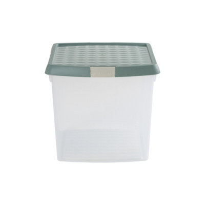 Wham Clip 2x 21.5L Rectangular Plastic Storage Boxes with Secure Clip Lock Lids. L:39 x W:29 x H:25.5cm Clear/Green Milieu/Stone