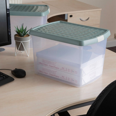 Wham Clip 2x 21.5L Rectangular Plastic Storage Boxes with Secure Clip Lock Lids. L:39 x W:29 x H:25.5cm Clear/Green Milieu/Stone - 5