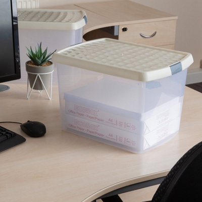 Wham Clip 2x 21.5L Rectangular Plastic Storage Boxes with Secure Clip Lock Lids. L:39 x W:29 x H:25.5cm Clear/Stone/Slate Grey