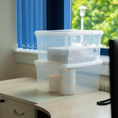 Wham Clip 2x 25.5L Square Plastic Storage Boxes with Secure Clip Lock Lids. L:39.5 x W:39.5 x H:22.5cm Clear/Clear/Clear