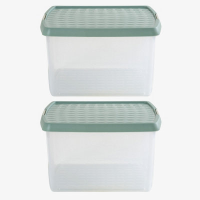 Wham Clip 2x 25.5L Square Plastic Storage Boxes with Secure Clip Lock Lids. L:39.5 x W:39.5 x H:22.5cm Clear/Green Milieu/Stone