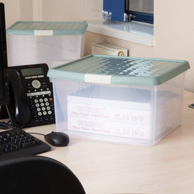 Wham Clip 2x 25.5L Square Plastic Storage Boxes with Secure Clip Lock Lids. L:39.5 x W:39.5 x H:22.5cm Clear/Green Milieu/Stone - 5