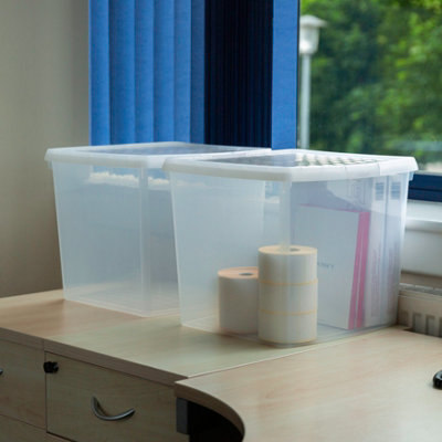 Wham Clip 2x 37L Square Plastic Storage Boxes with Secure Clip Lock Lids. L:39.5 x W:39.5 x H:33.5cm Clear/Clear/Clear