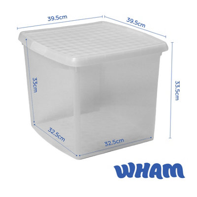 Wham Clip 2x 37L Square Plastic Storage Boxes with Secure Clip Lock Lids. L:39.5 x W:39.5 x H:33.5cm Clear/Clear/Clear - 5