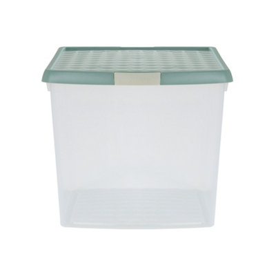 Wham Clip 2x 37L Square Plastic Storage Boxes with Secure Clip Lock Lids. L:39.5 x W:39.5 x H:33.5cm Clear/Green Milieu/Stone