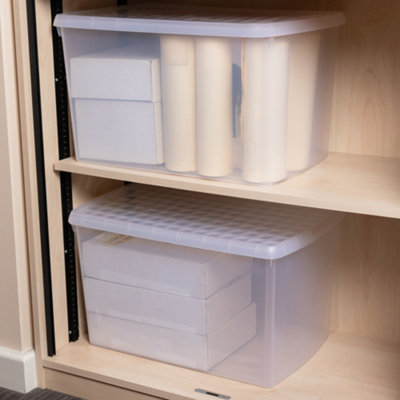 Wham Clip 2x 62L Rectangular Plastic Storage Boxes with Secure Clip Lock Lids. L:59.5 x W:39.5 x H:33.5cm Clear/Clear/Clear