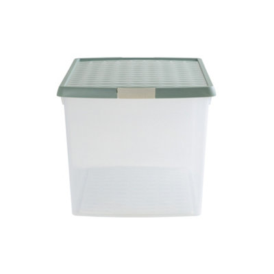Wham Clip 2x 62L Rectangular Plastic Storage Boxes with Secure Clip Lock Lids. L:59.5 x W:39.5 x H:33.5cm Clear/Green Milieu/Stone
