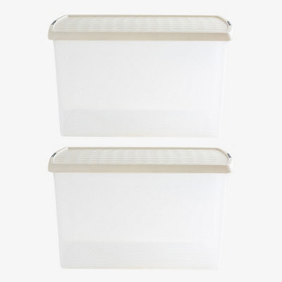 Wham Clip 2x 62L Rectangular Plastic Storage Boxes with Secure Clip Lock Lids. L:59.5 x W:39.5 x H:33.5cm Clear/Stone/Slate Grey