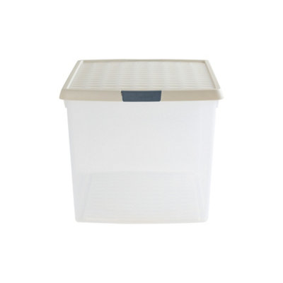 Wham Clip 2x 62L Rectangular Plastic Storage Boxes with Secure Clip Lock Lids. L:59.5 x W:39.5 x H:33.5cm Clear/Stone/Slate Grey