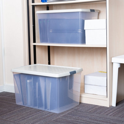Wham Clip 2x 62L Rectangular Plastic Storage Boxes with Secure Clip Lock Lids. L:59.5 x W:39.5 x H:33.5cm Clear/Stone/Slate Grey - 5