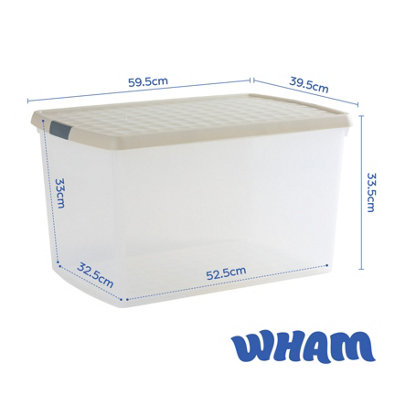 Wham Clip 2x 62L Rectangular Plastic Storage Boxes with Secure Clip Lock Lids. L:59.5 x W:39.5 x H:33.5cm Clear/Stone/Slate Grey - 6