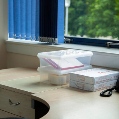 Wham Clip 2x 7L Rectangular Plastic Storage Boxes with Secure Clip Lock Lids. L:39 x W:24 x H:10.5cm Clear/Clear/Clear