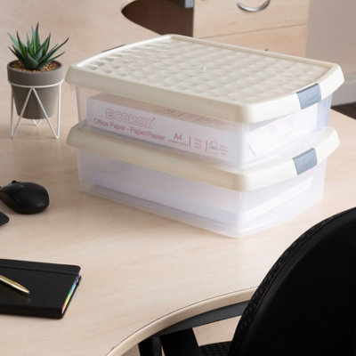 Wham Clip 2x 8.5L Rectangular Plastic Storage Boxes with Secure Clip Lock Lids. L:39 x W:29 x H:10.5cm Clear/Stone/Slate Grey - 5
