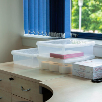 Wham Clip 3x 13.2L Square Plastic Storage Boxes with Secure Clip Lock Lids. L:39.5 x W:39.5 x H:12cm Clear/Clear/Clear